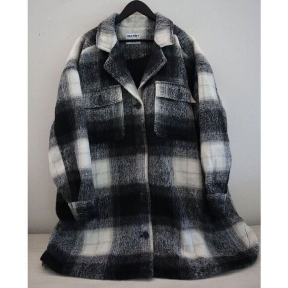 Old Navy Women's Sz 3X Black Plaid Printed Flannel Long Utility Shacket - Picture 1 of 15